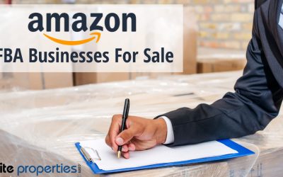 Man in a suit taking notes. Overlay of text mentions, "Amazon FBA Businesses For Sale."