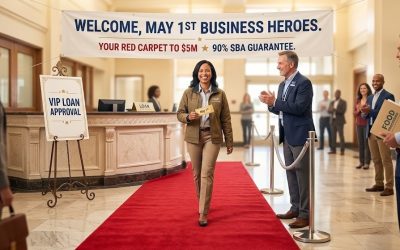 Business owner receiving VIP loan approval with red carpet treatment in commercial lending office
