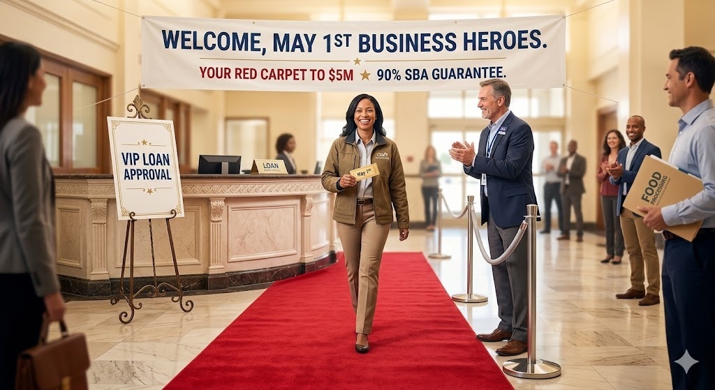 Business owner receiving VIP loan approval with red carpet treatment in commercial lending office